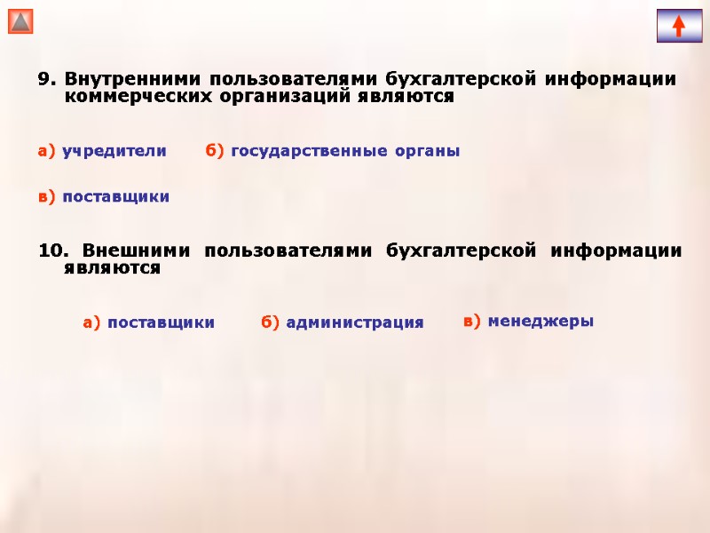 9. Внутренними пользователями бухгалтерской информации коммерческих организаций являются  б) государственные органы а) учредители